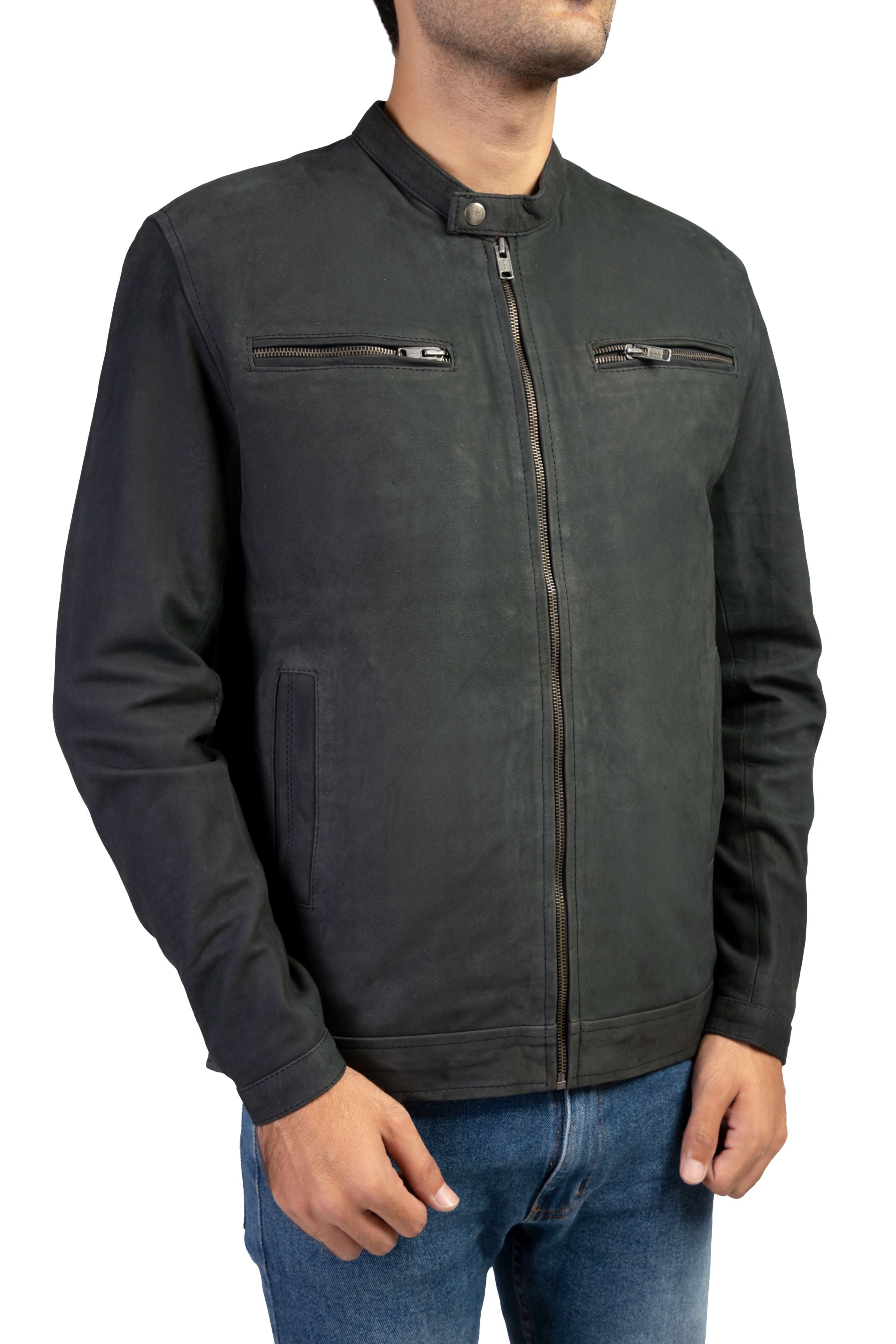 Mens Classic Suede Leather Jacket Zipper Pockets