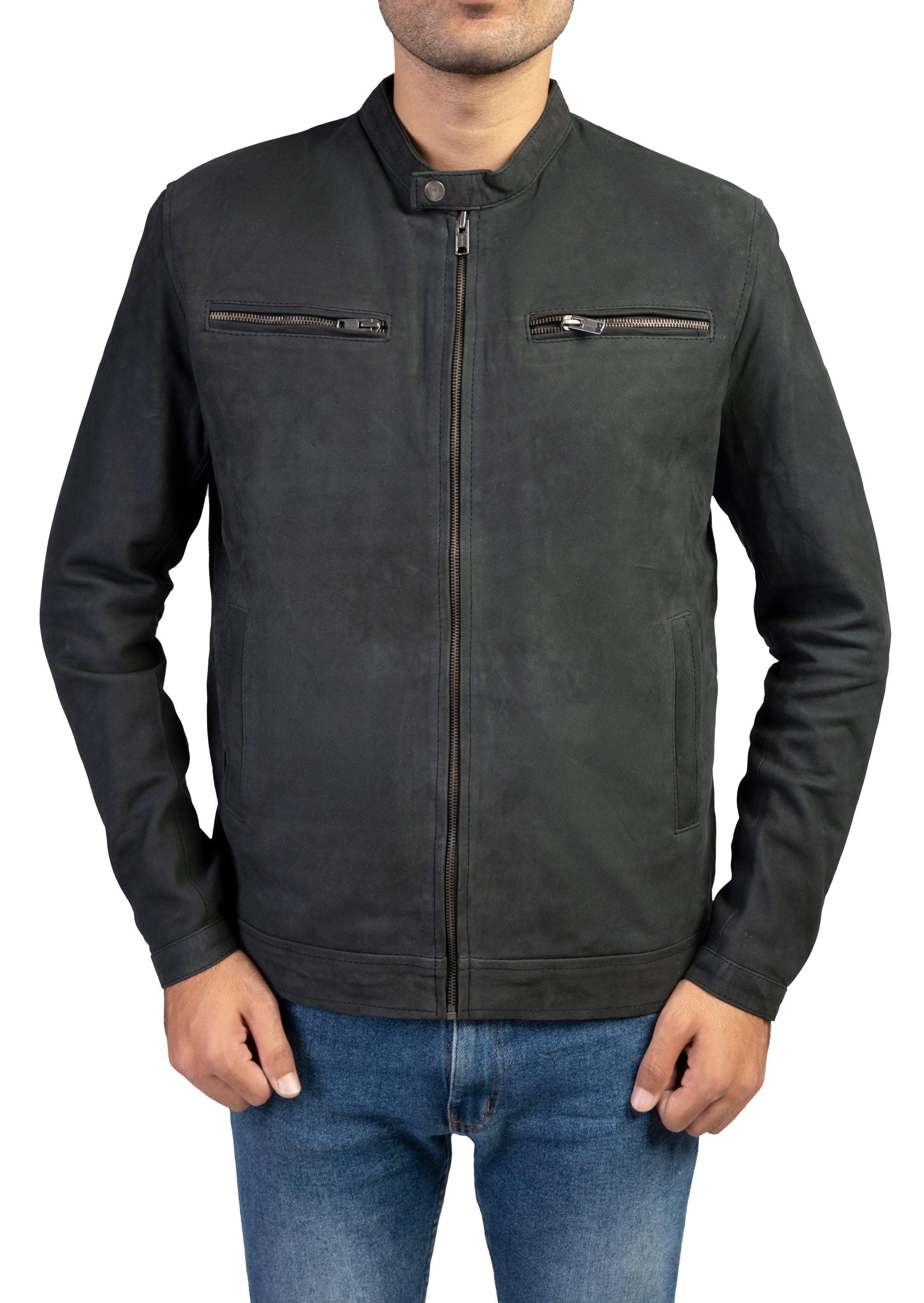 Mens Classic Suede Leather Jacket Zipper Pockets