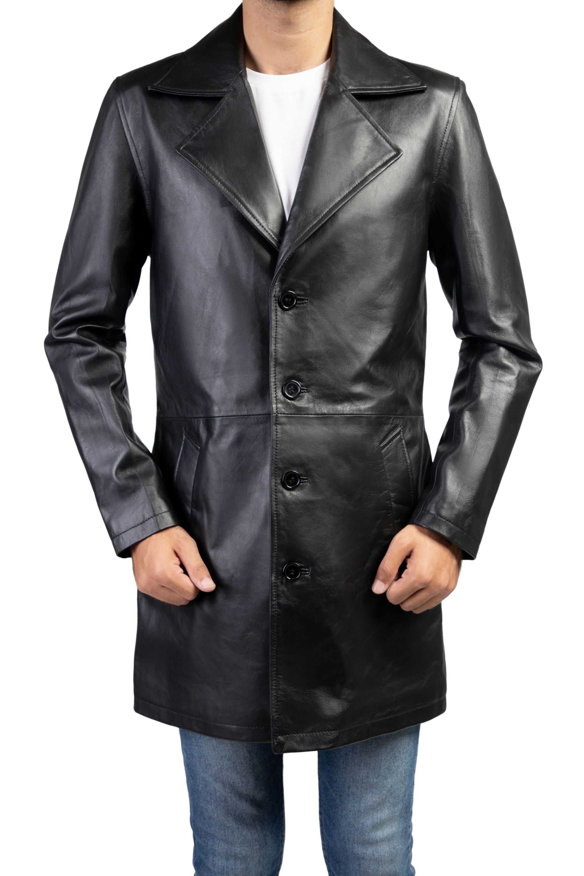 Jild Men's Classic Real Leather Trench Coat