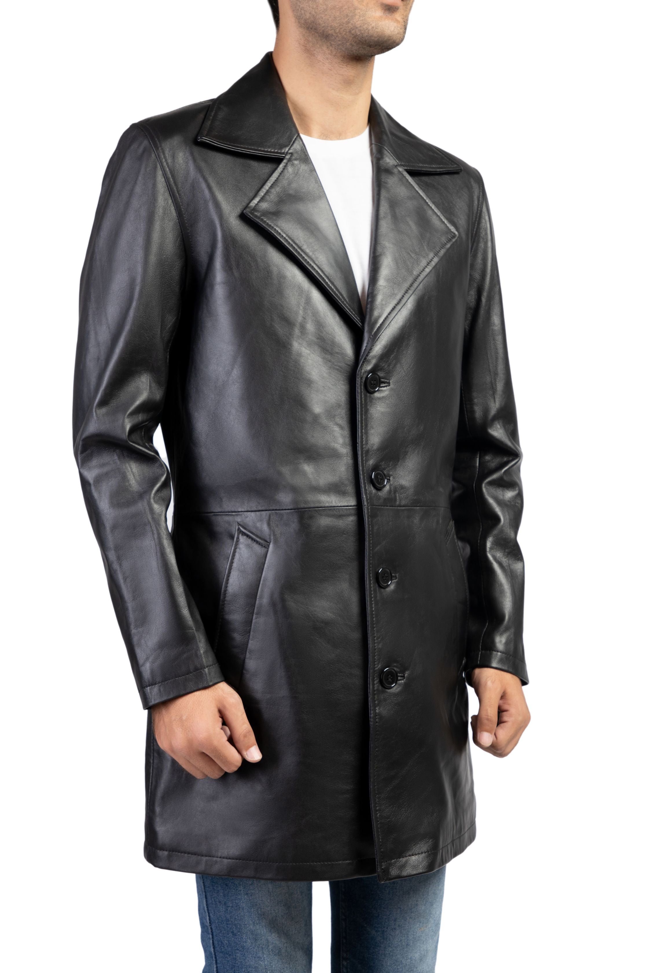 Jild Men's Classic Real Leather Trench Coat