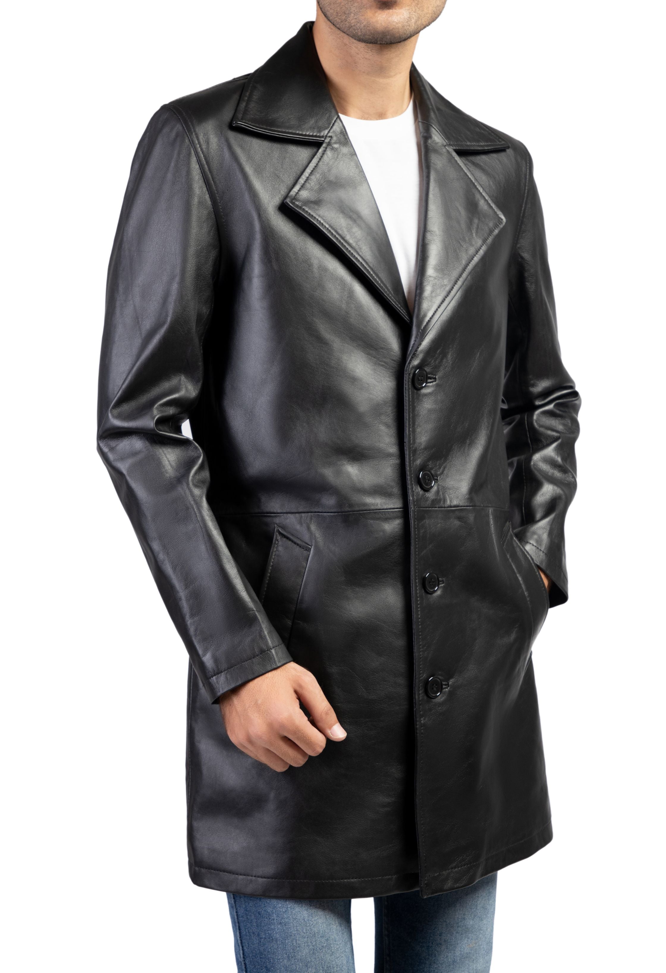 Jild Men's Classic Real Leather Trench Coat