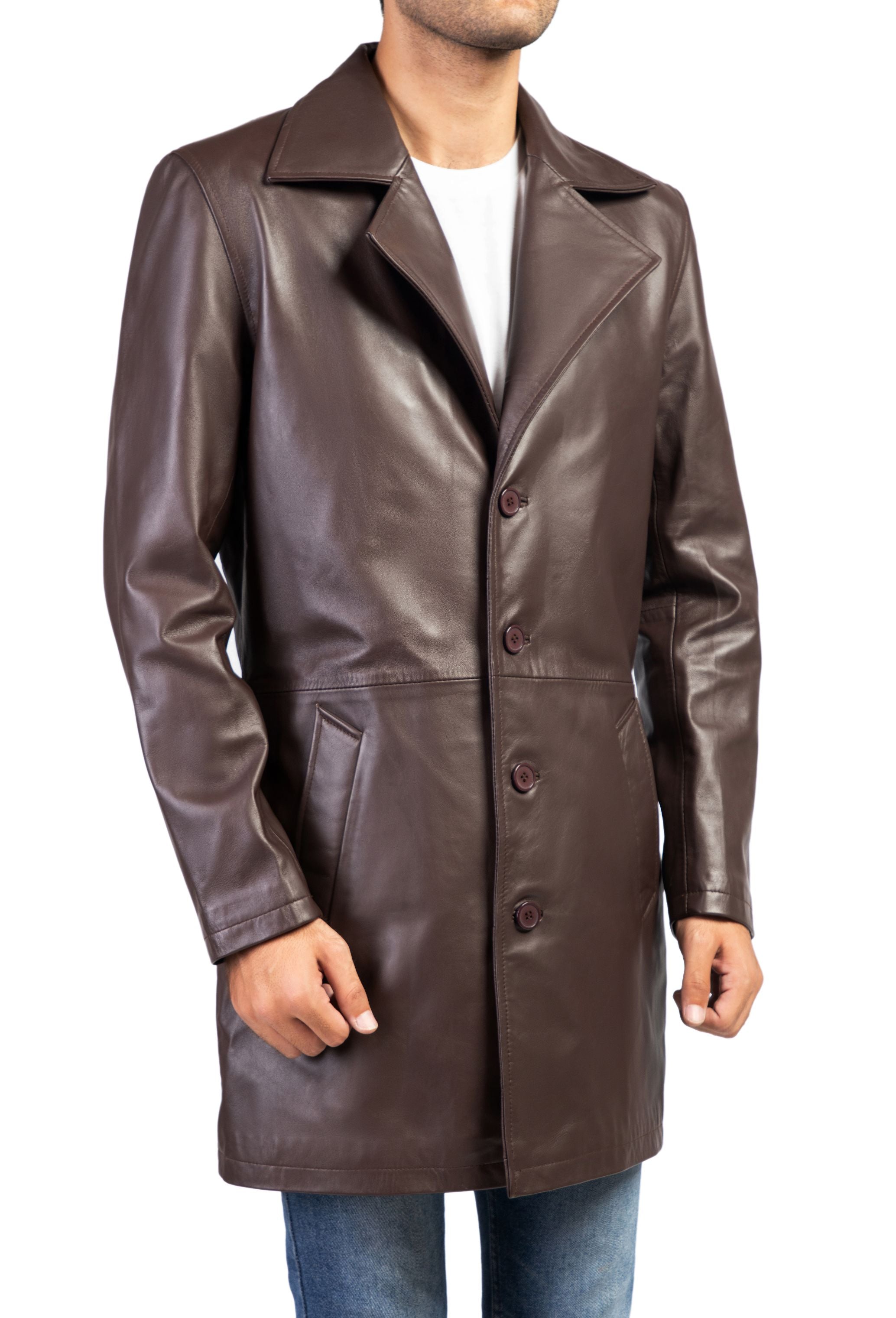 Jild Men's Classic Real Leather Trench Coat