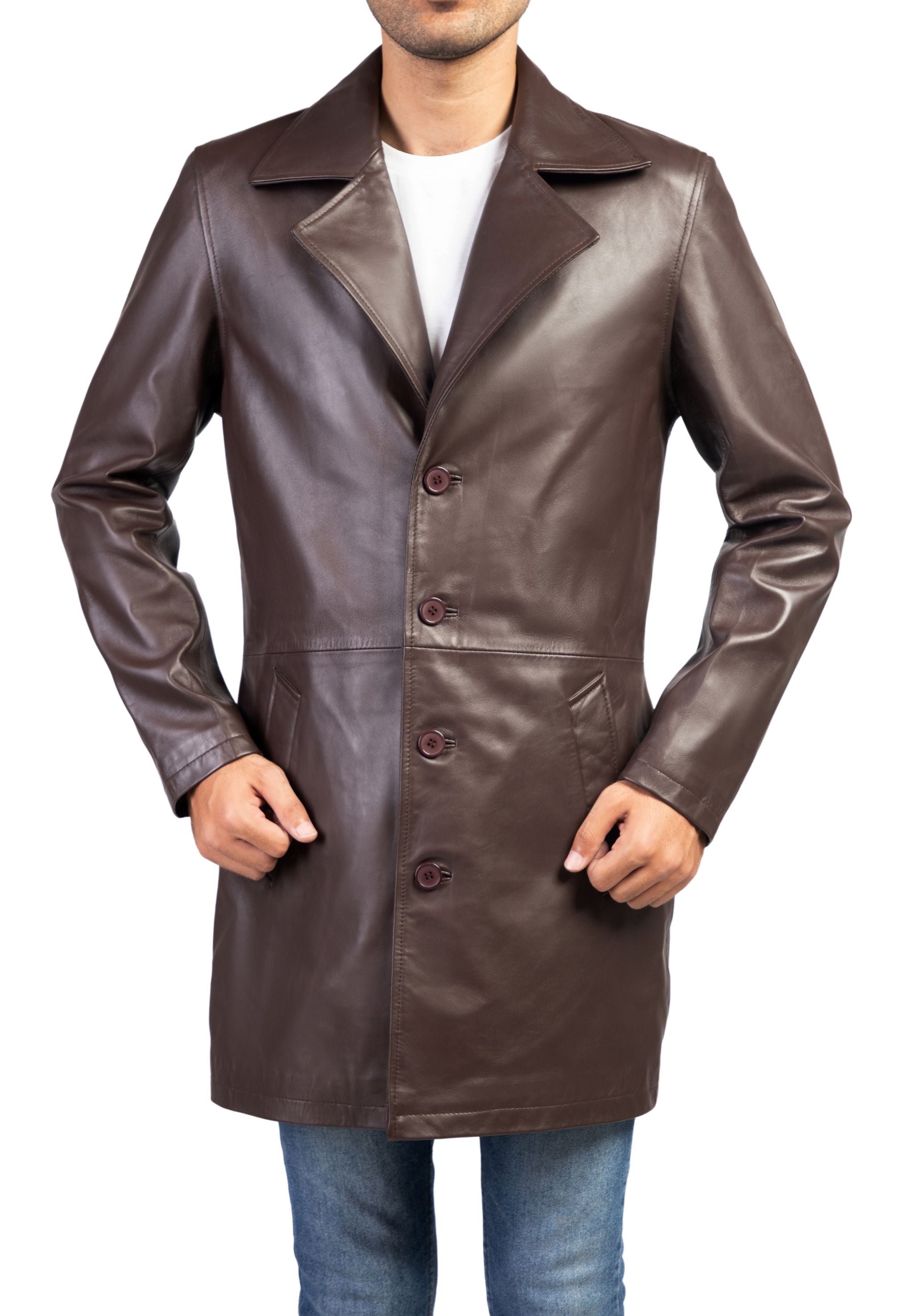 Jild Men's Classic Real Leather Trench Coat