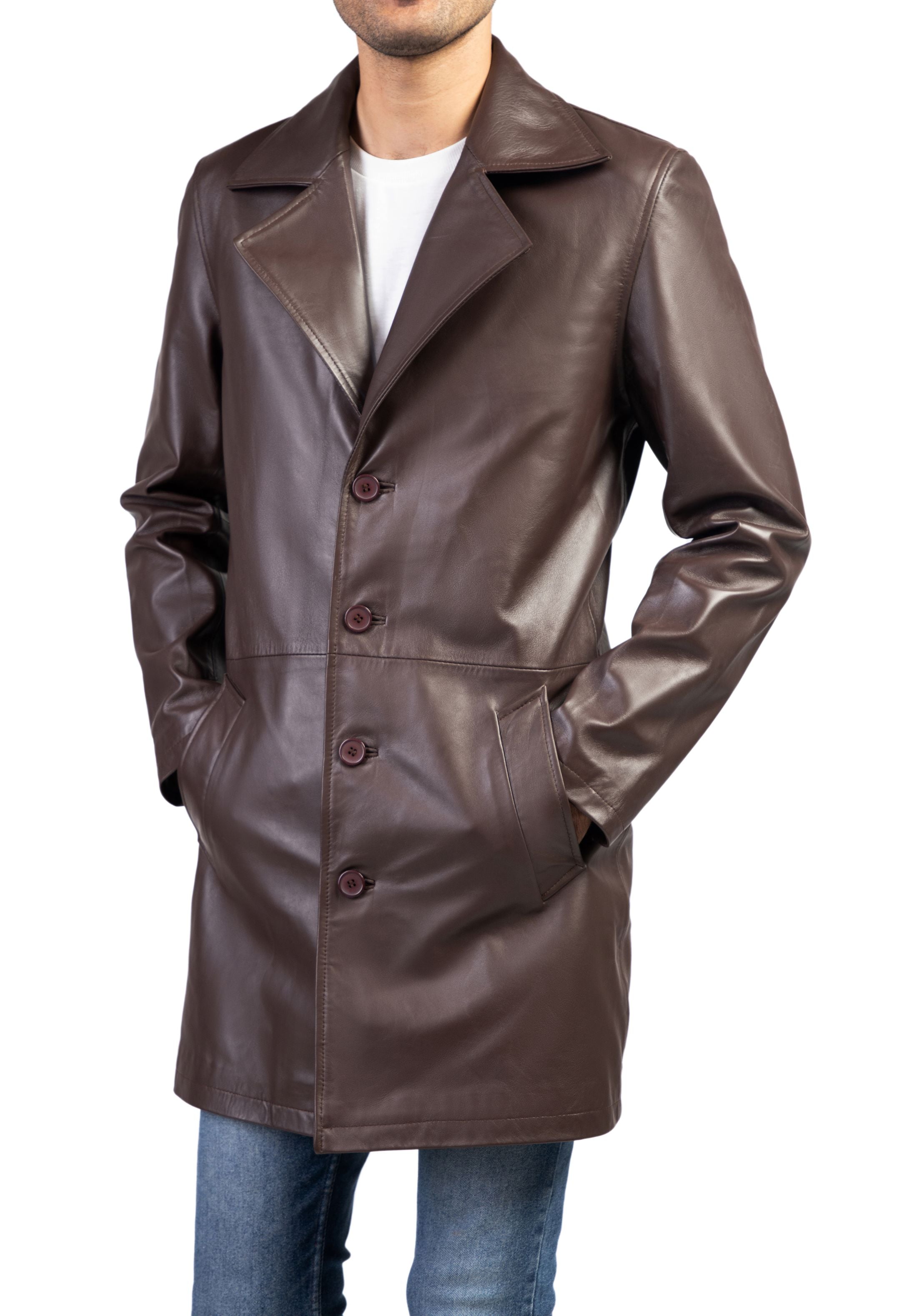 Jild Men's Classic Real Leather Trench Coat