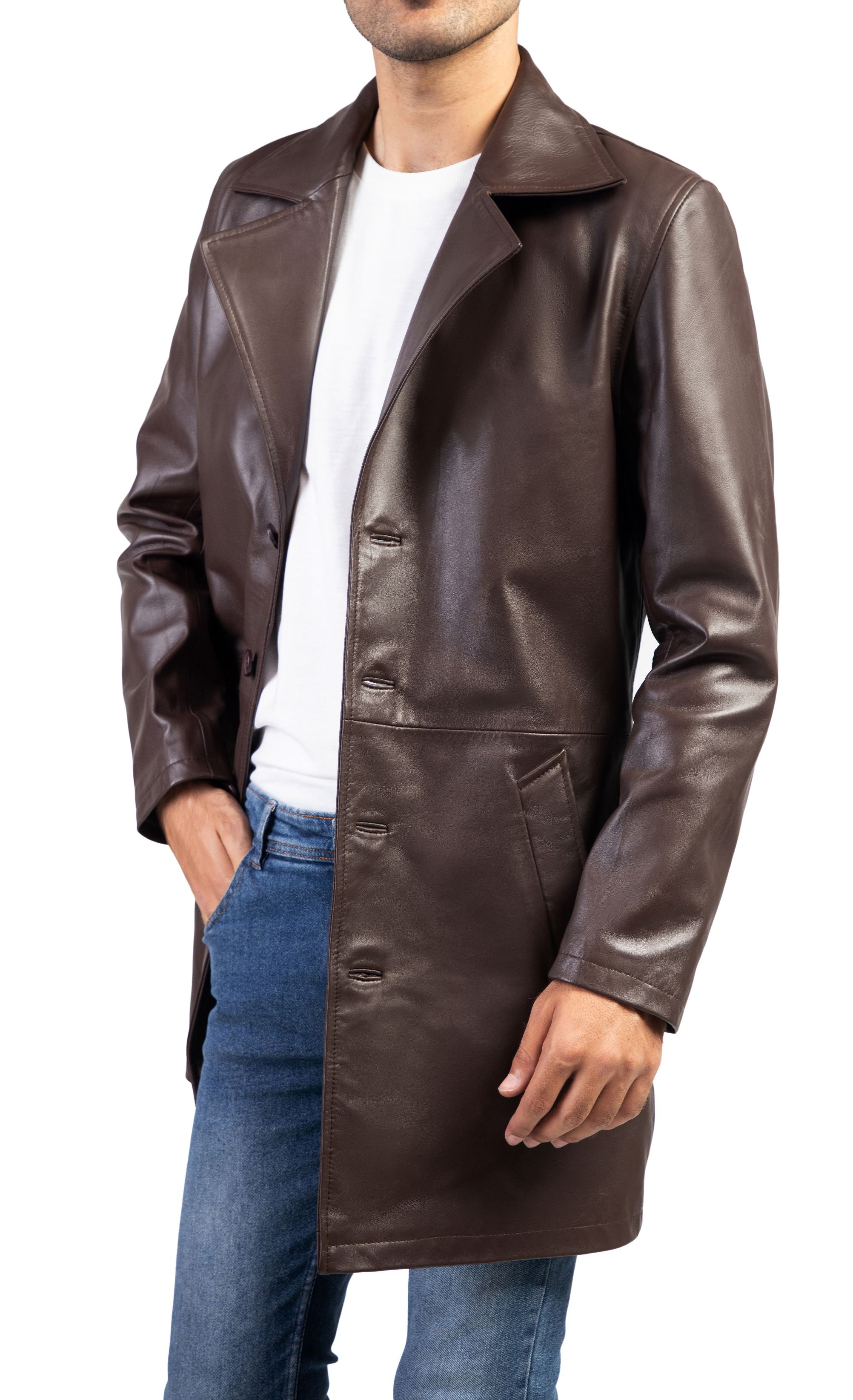 Jild Men's Classic Real Leather Trench Coat