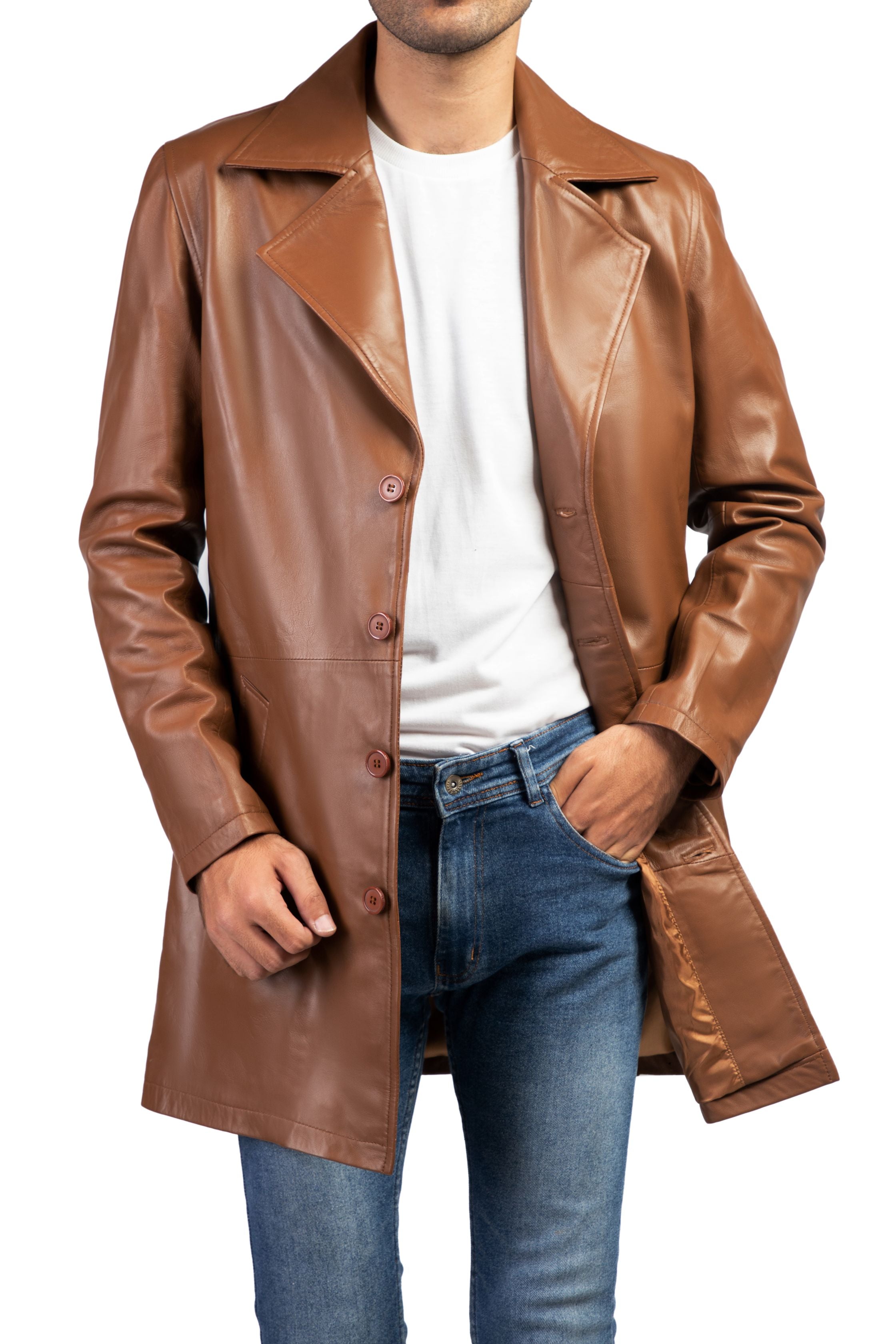 Jild Men's Classic Real Leather Trench Coat