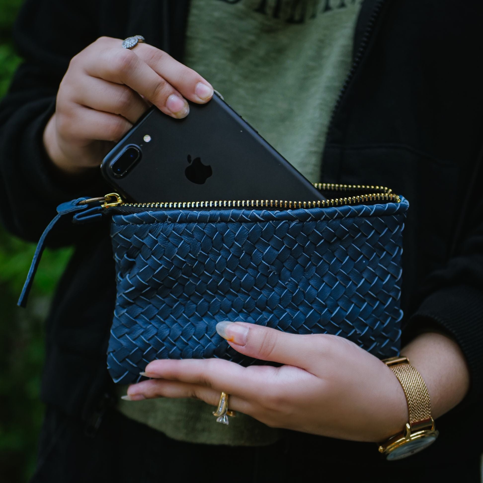 Coffer Mini Handwoven Leather Zipper Clutch-Blue