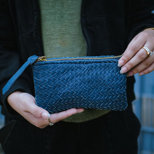 Coffer Mini Handwoven Leather Zipper Clutch-Blue