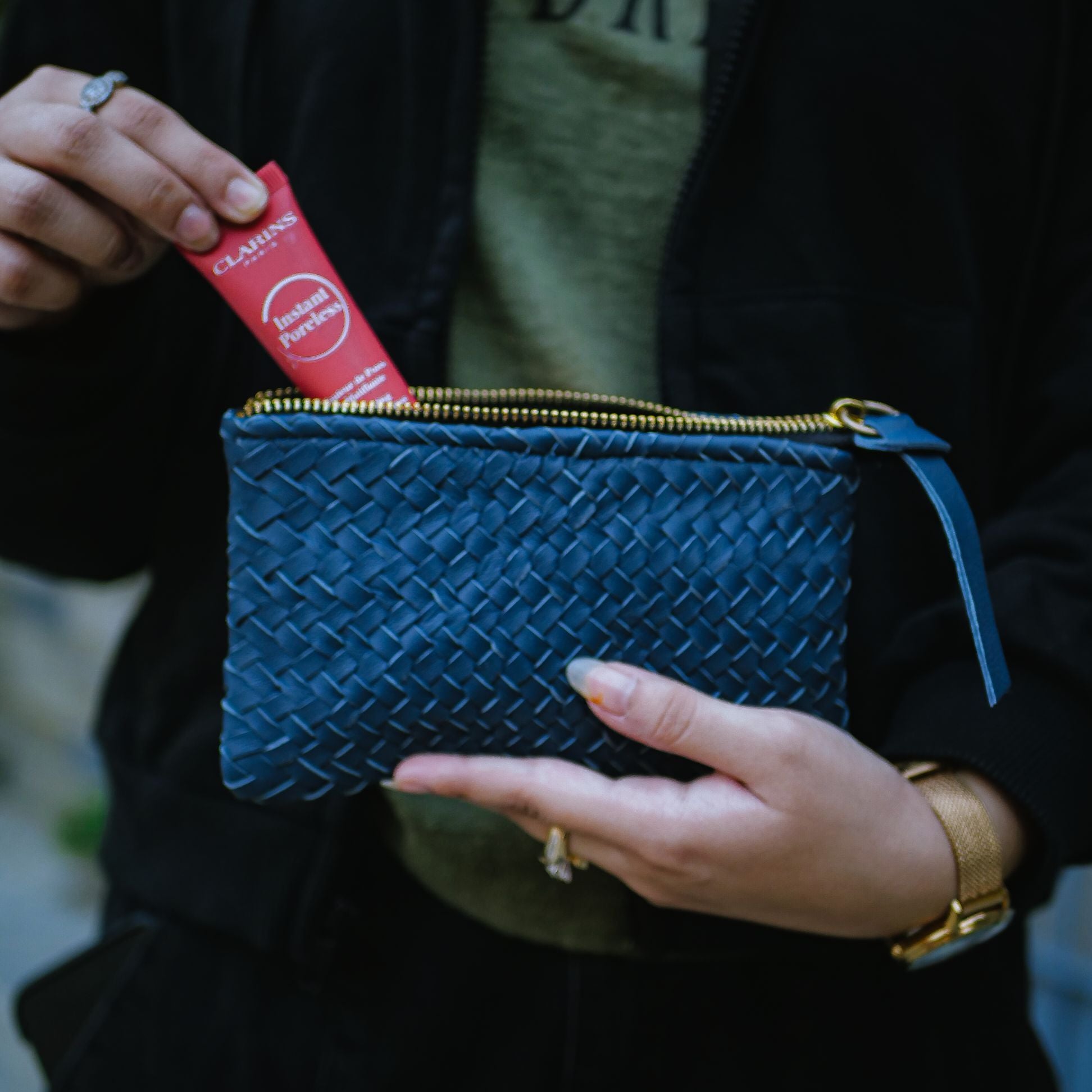 Coffer Mini Handwoven Leather Zipper Clutch-Blue