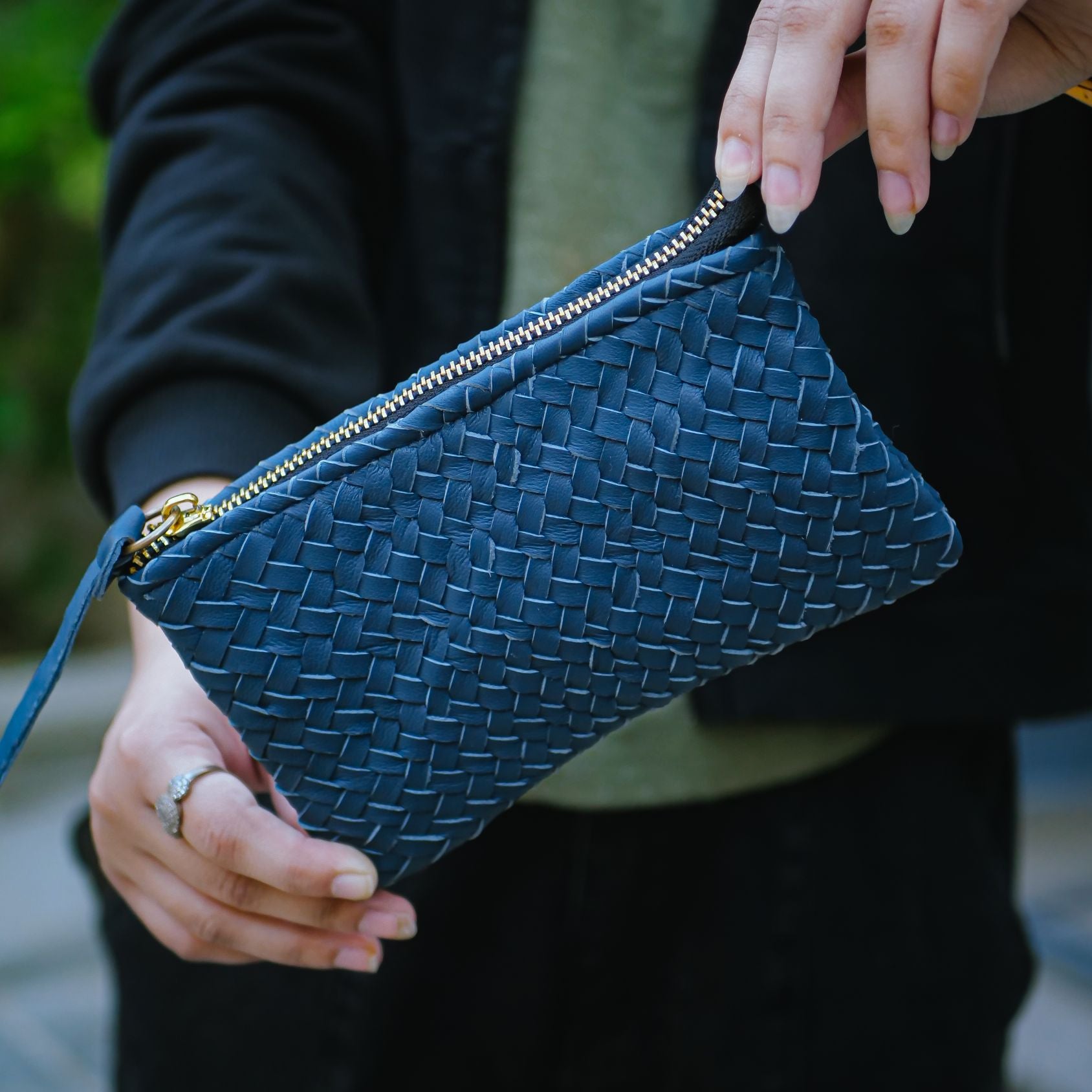 Coffer Mini Handwoven Leather Zipper Clutch-Blue