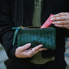 Coffer Mini Handwoven Leather Zipper Clutch-Green