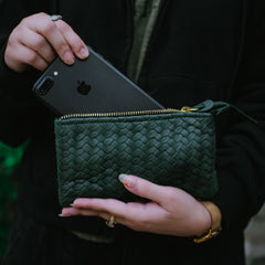 Coffer Mini Handwoven Leather Zipper Clutch-Green