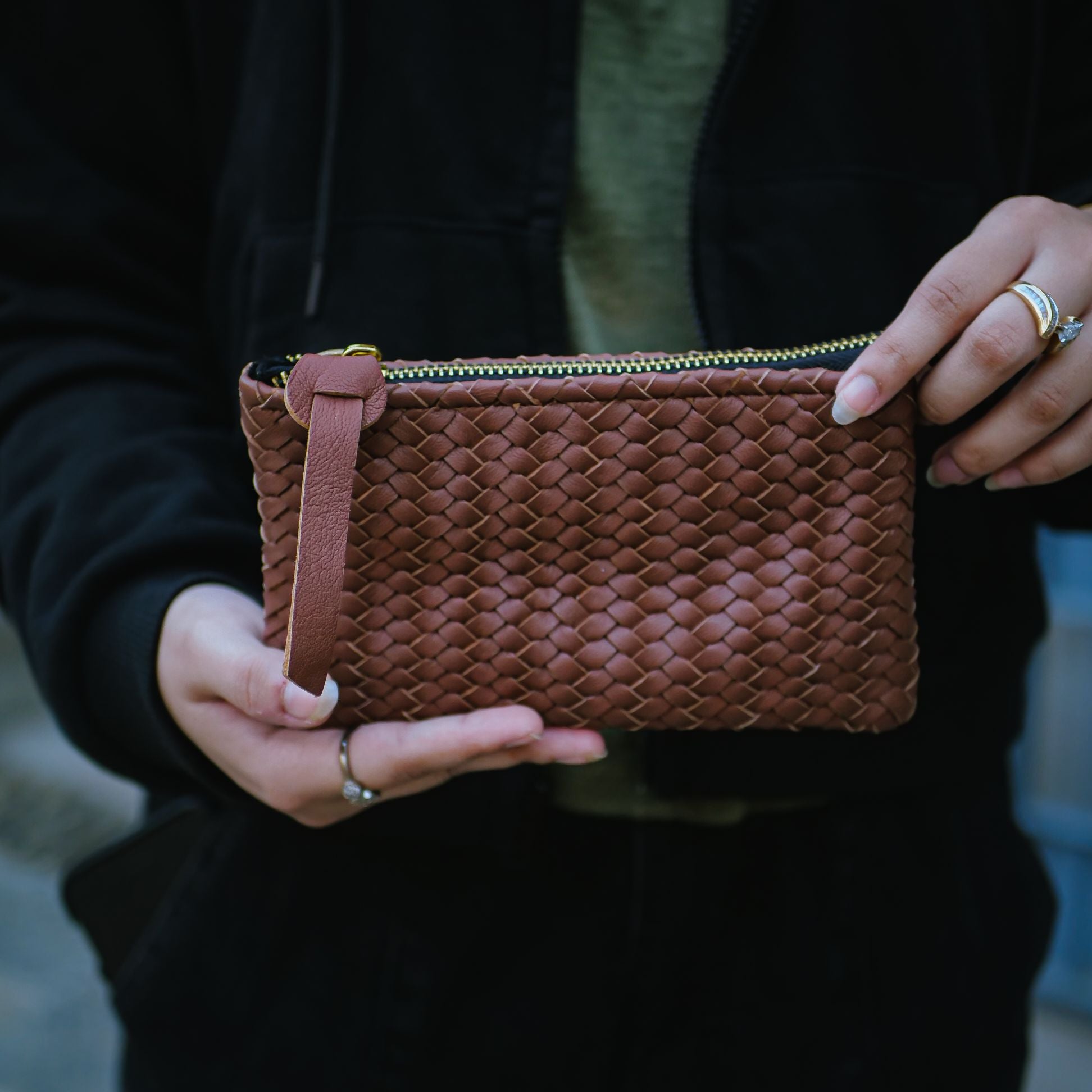 Coffer Mini Handwoven Leather Zipper Clutch-Tan Brown
