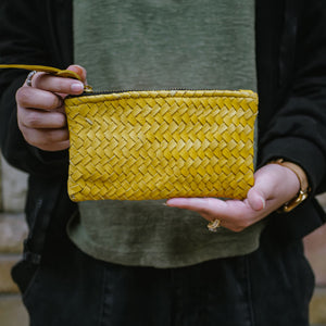 Coffer Mini Handwoven Leather Zipper Clutch-Yellow