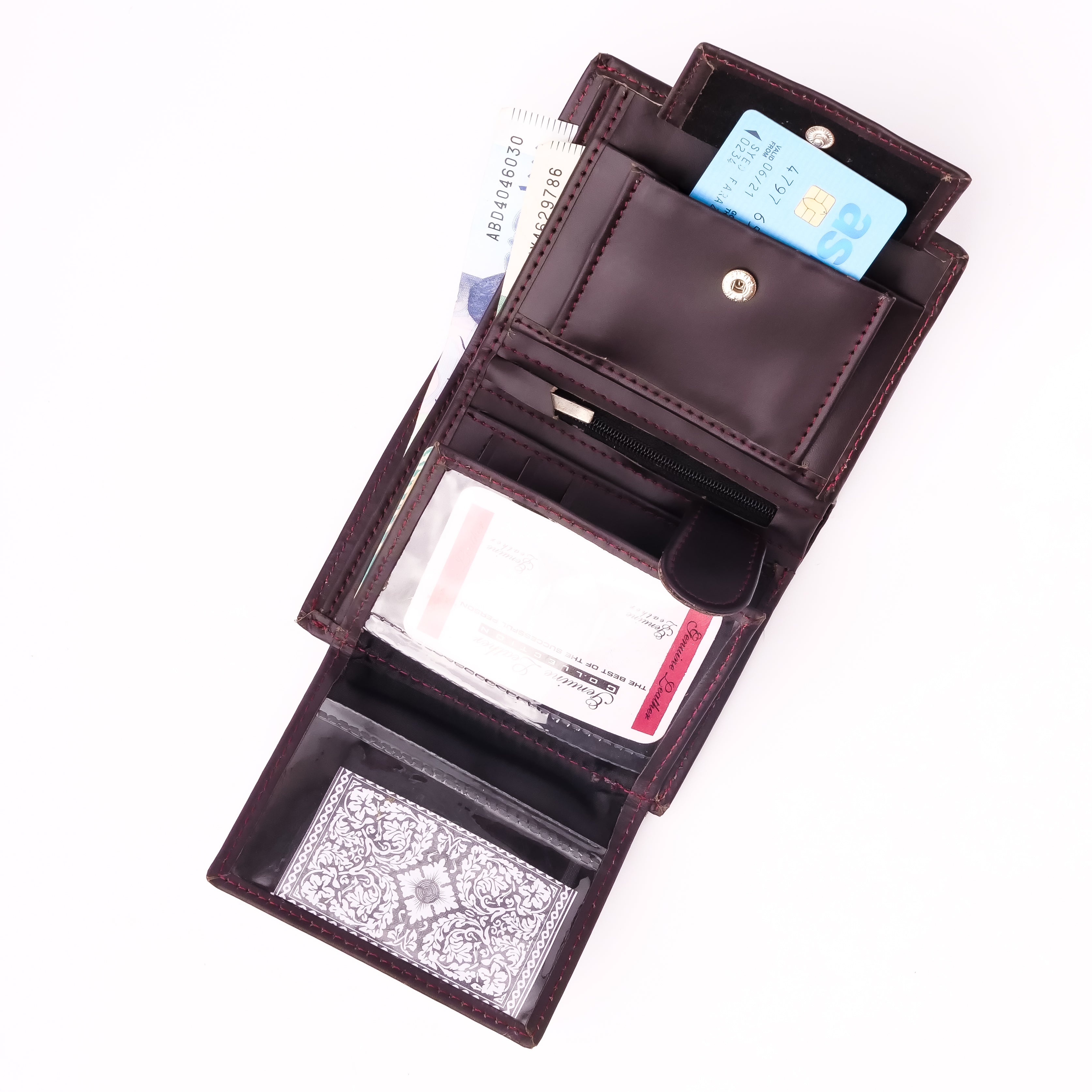 Compact Leather Wallet-Burgundy