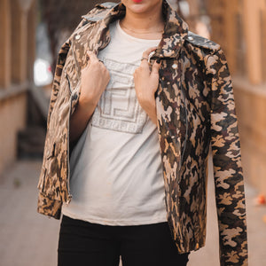 Womens Leather Military Camouflage Print Jacket