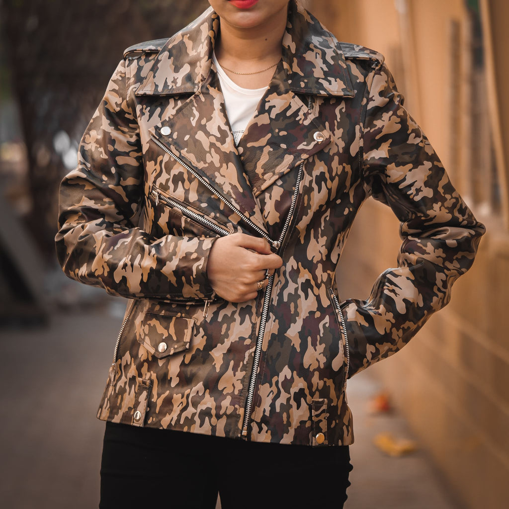 Womens Leather Military Camouflage Print Jacket Jild