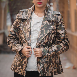 Womens Leather Military Camouflage Print Jacket