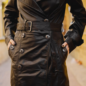Womens Leather Long Coat-Black