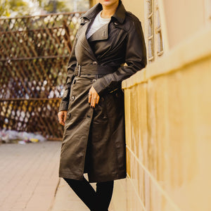 Womens Leather Long Coat-Black
