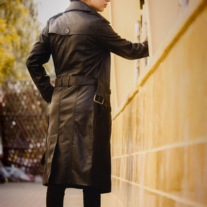 Womens Leather Long Coat-Black