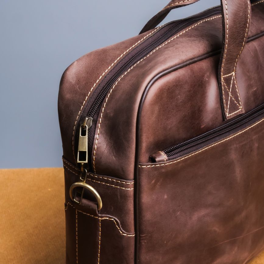 Oxford Pure Leather Vintage Business Laptop Bag-Dark Brown