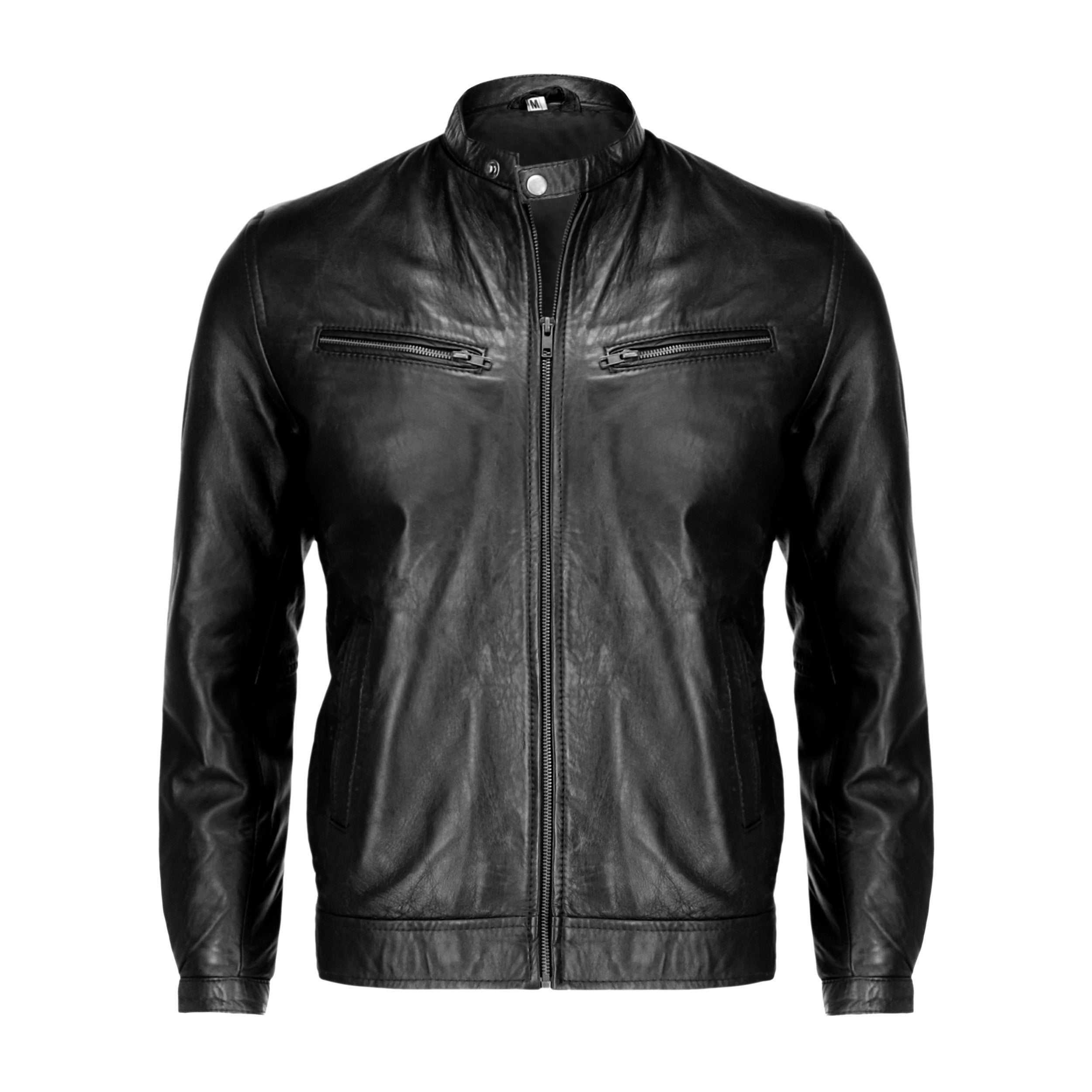 Black Mens Pure Sheep Leather Zipper Front Pockets Jacket