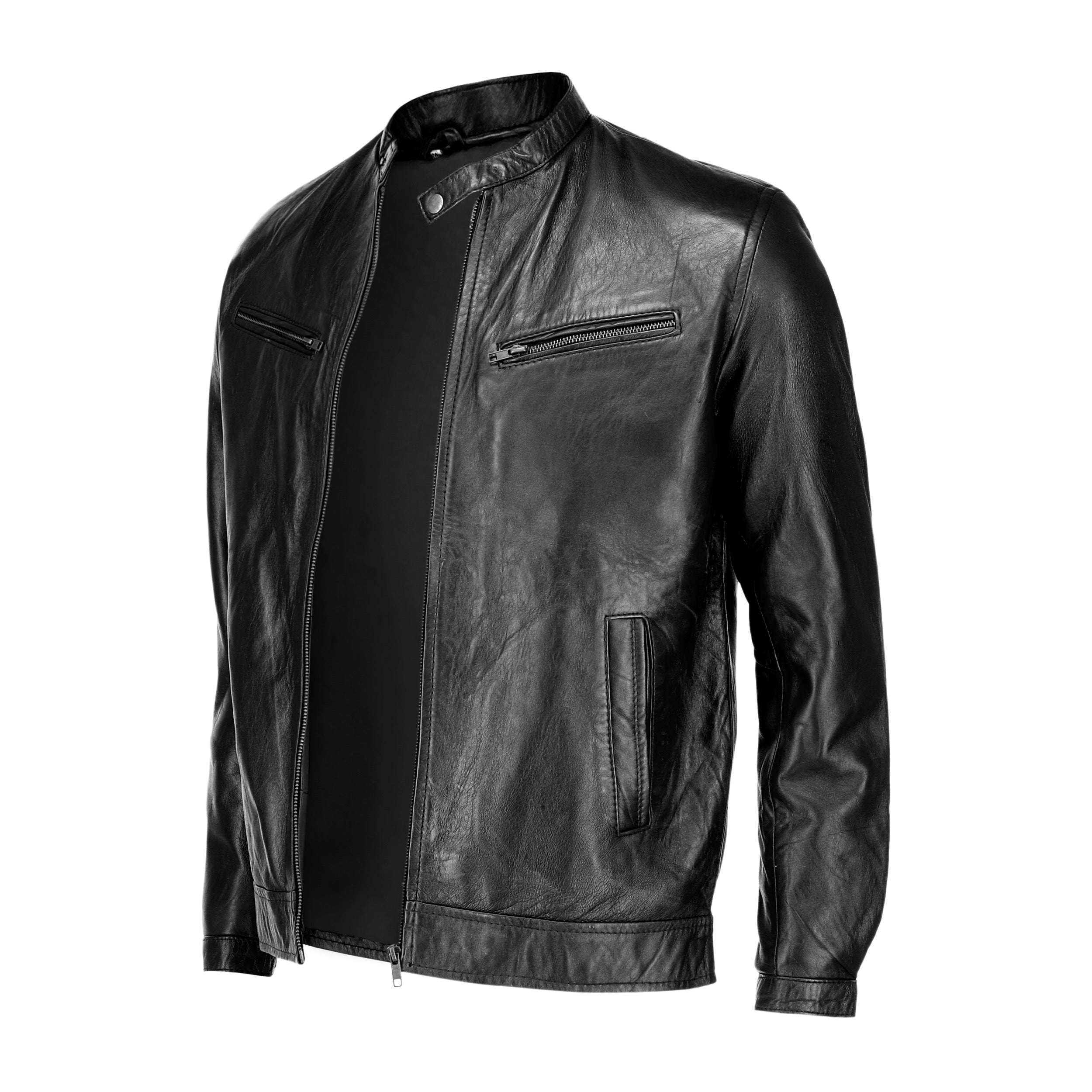 Black Mens Pure Sheep Leather Zipper Front Pockets Jacket