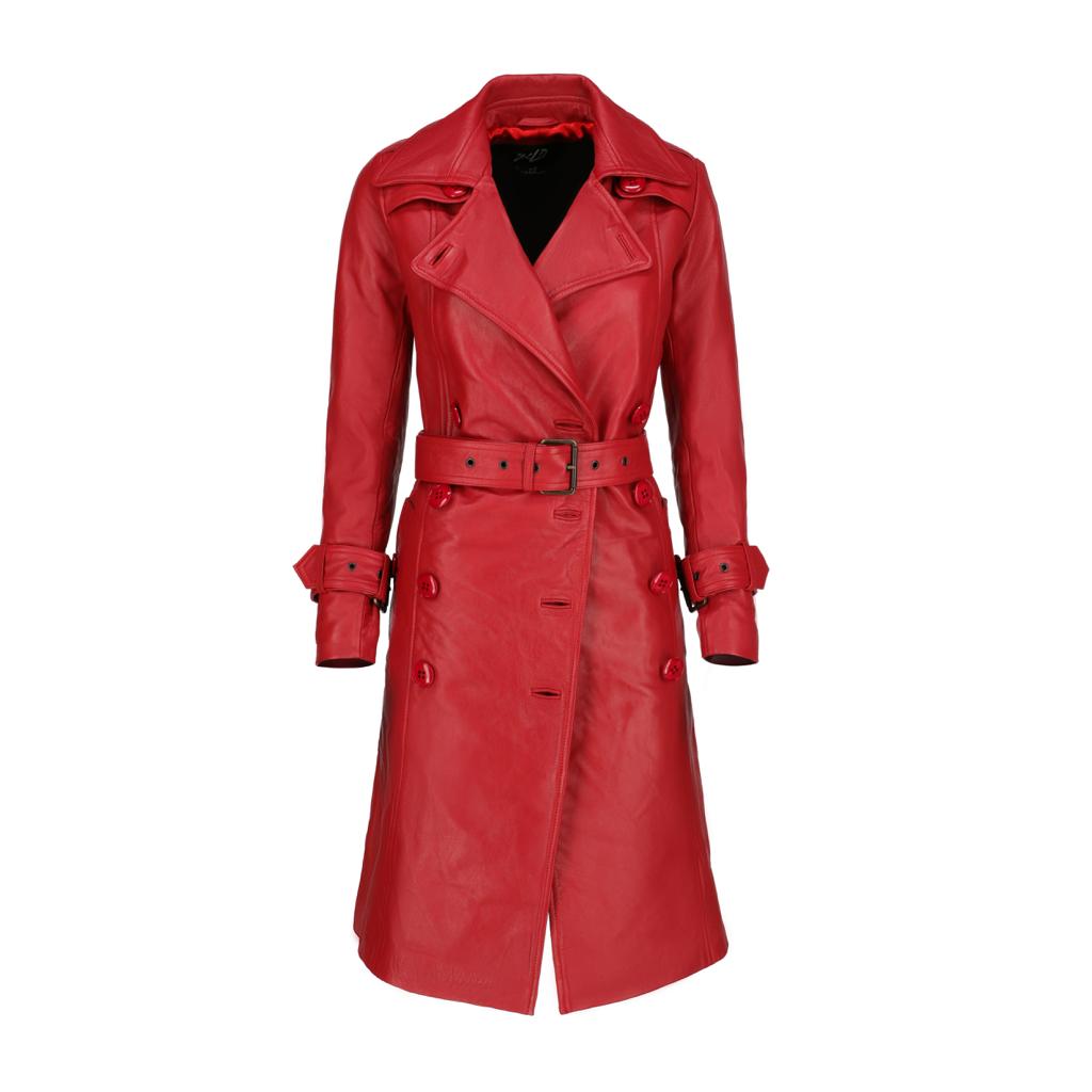 Womens Leather Long Coat-Red