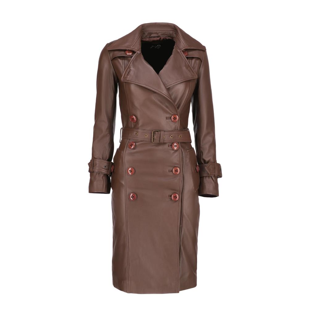 Womens Leather Long Coat-Brown