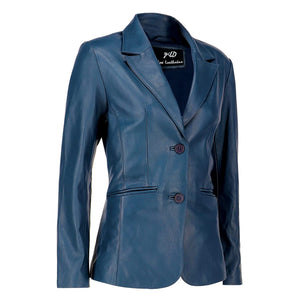 Classic 2-Button Lambskin Leather Blazer Women-Blue