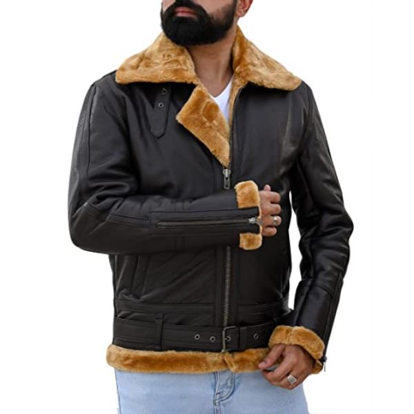 Premium Shearling Fur Leather Jacket-Brown