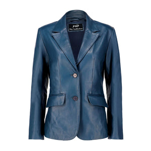 Classic 2-Button Lambskin Leather Blazer Women-Blue