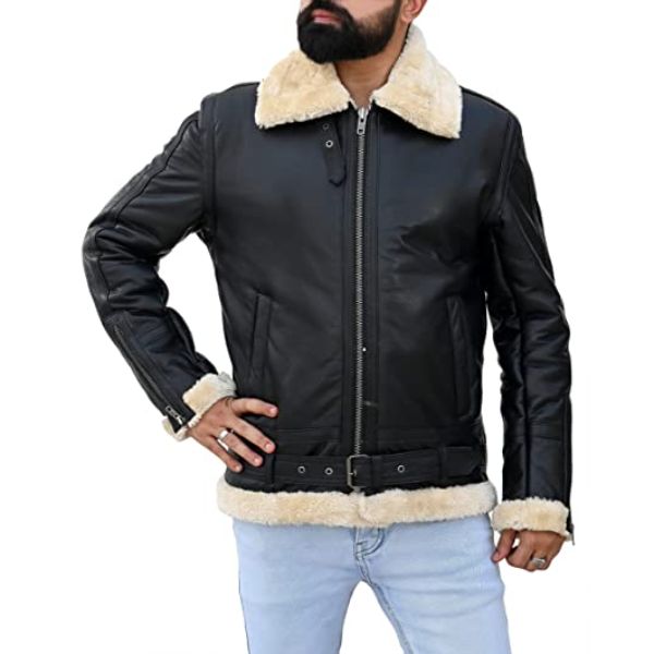 Premium Shearling Fur Leather Jacket-Black