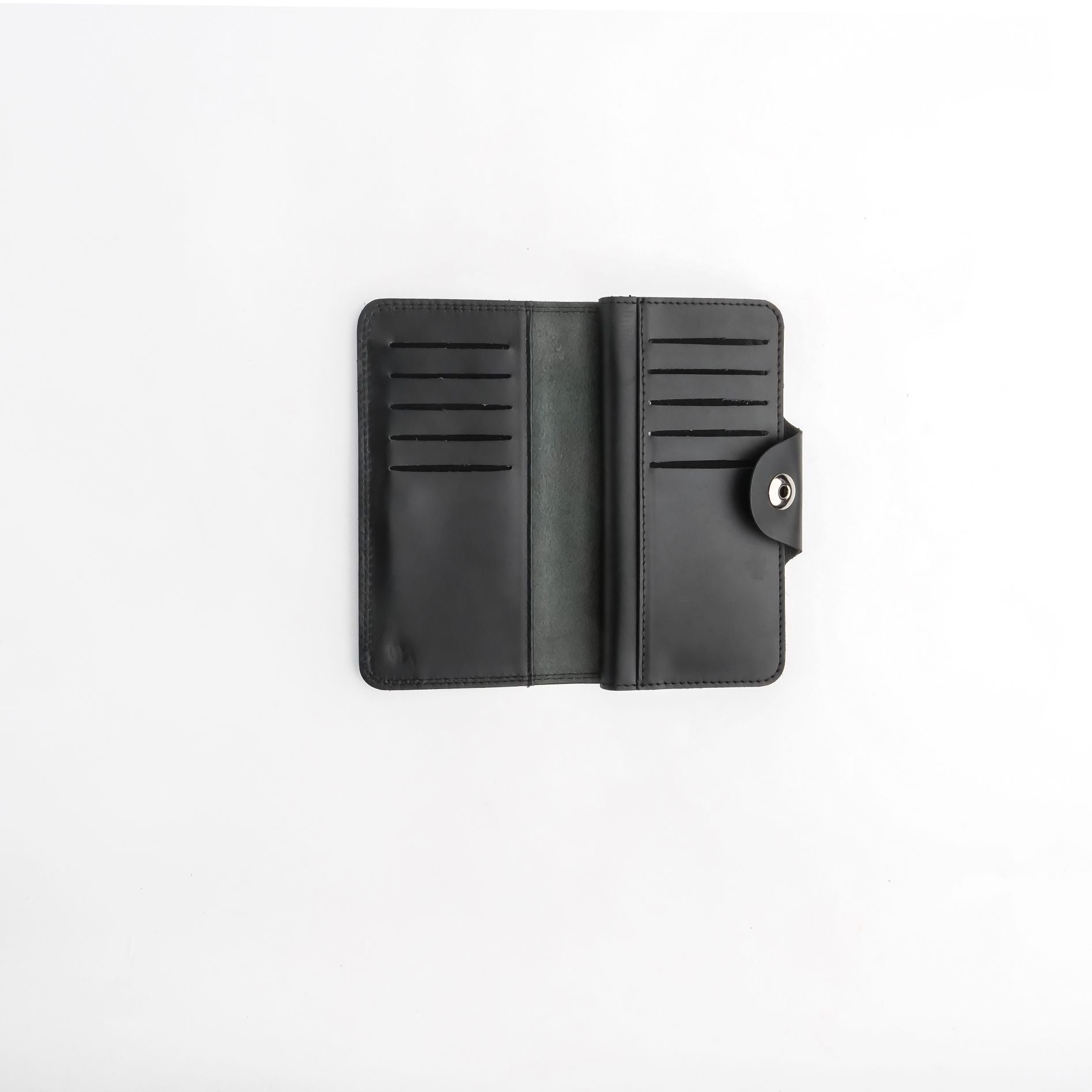 Tri-Fold Pure Leather Long Wallet With Button Closure-BLACK
