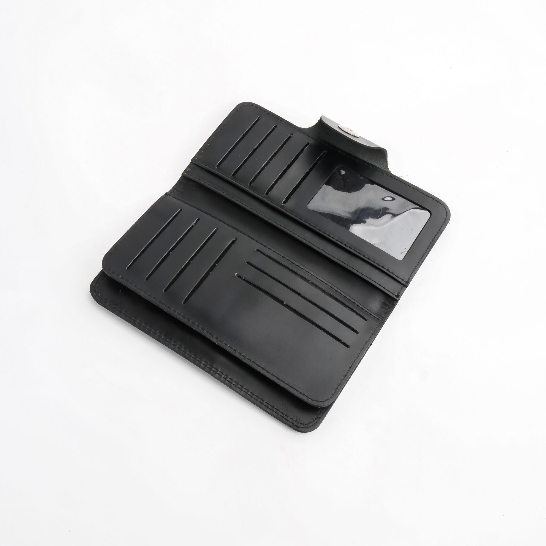 Tri-Fold Pure Leather Long Wallet With Button Closure-BLACK