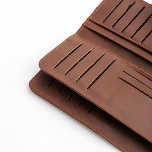 Tri-Fold Pure Leather Long Wallet With Button Closure-BROWN
