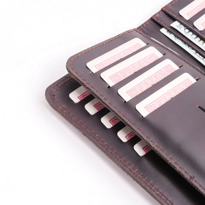 Tri-Fold Pure Leather Long Wallet With Button Closure-BURGUNDY