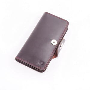 Tri-Fold Pure Leather Long Wallet With Button Closure-BURGUNDY