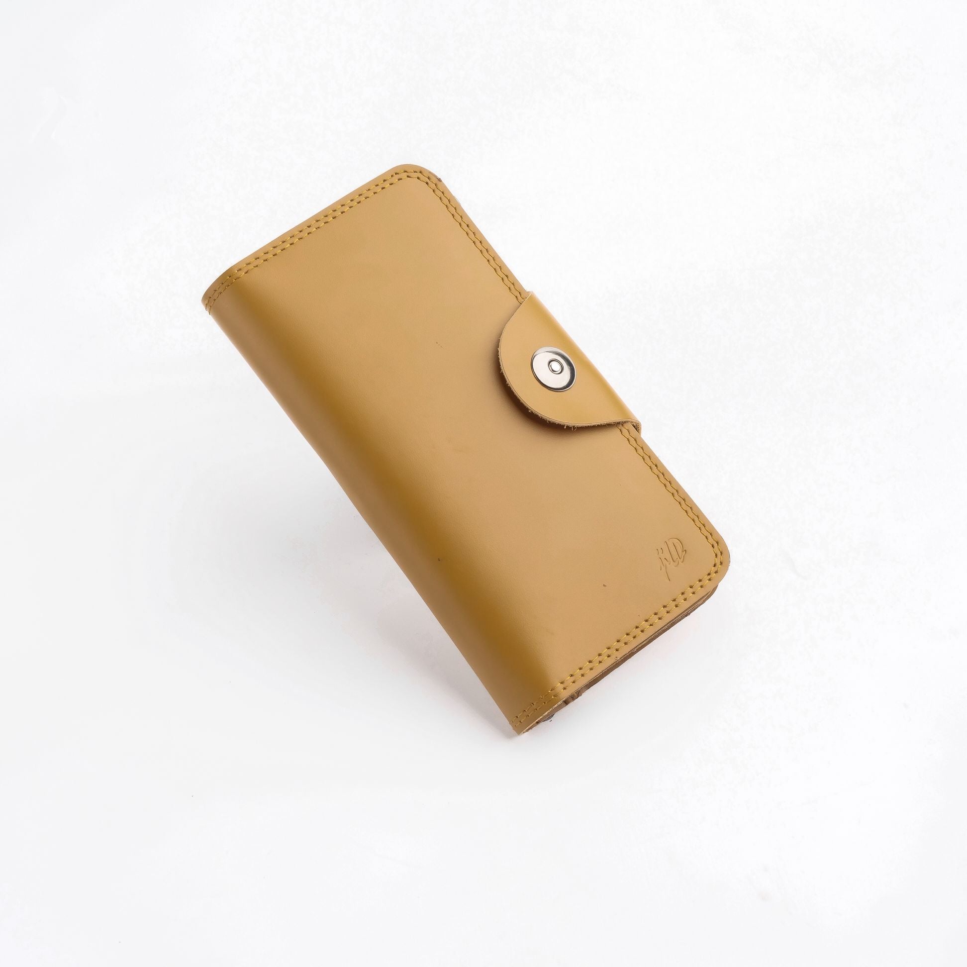 Tri-Fold Pure Leather Long Wallet With Button Closure-CAMEL BROWN