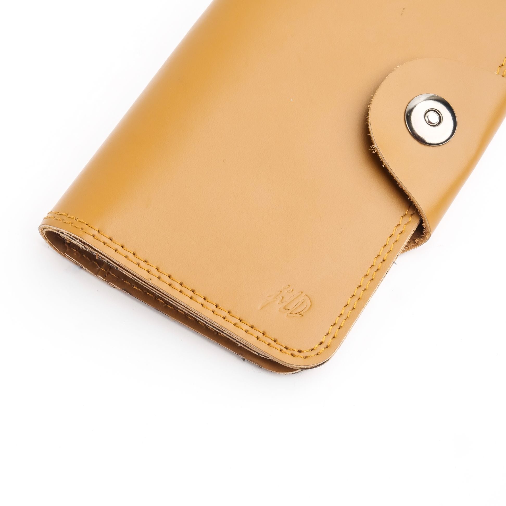 Tri-Fold Pure Leather Long Wallet With Button Closure-CAMEL BROWN