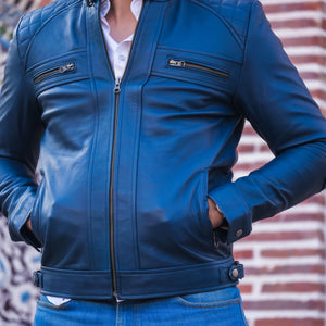 Men's Casual Signature Diamond Lambskin Leather Jacket-Blue