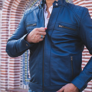 Men's Casual Signature Diamond Lambskin Leather Jacket-Blue