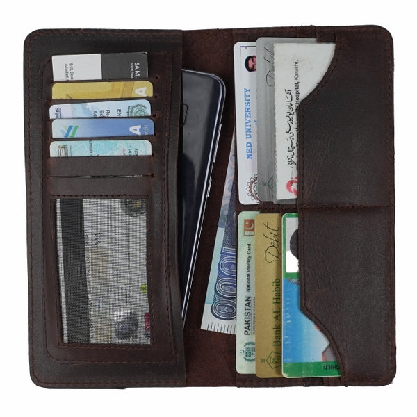 Slim Vintage Long Leather Travel Wallet For Mobile/Credit Cards-BROWN