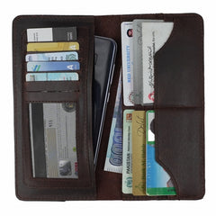 Slim Vintage Long Leather Travel Wallet For Mobile/Credit Cards-BROWN