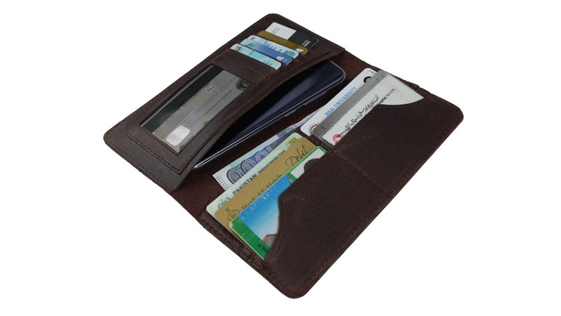 Slim Vintage Long Leather Travel Wallet For Mobile/Credit Cards-BROWN