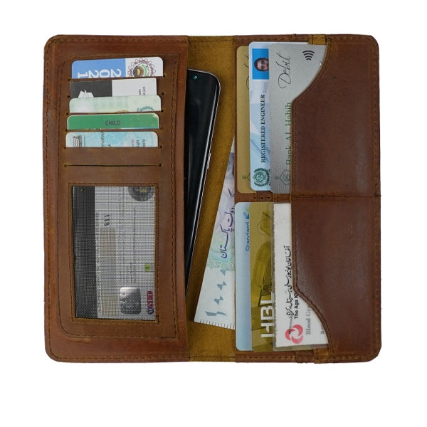 Slim Vintage Long Leather Travel Wallet For Mobile/Credit Cards WOOD BROWN