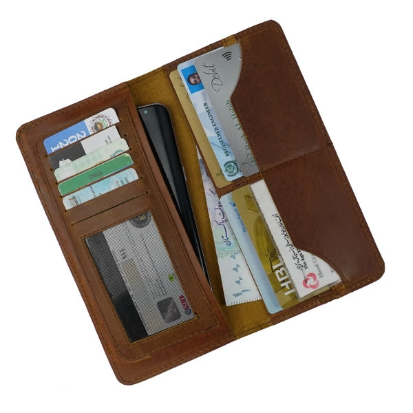 Slim Vintage Long Leather Travel Wallet For Mobile/Credit Cards WOOD BROWN
