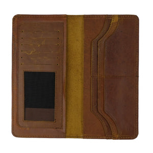 Slim Vintage Long Leather Travel Wallet For Mobile/Credit Cards WOOD BROWN