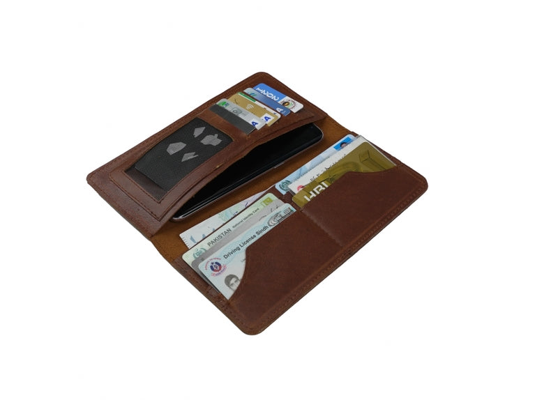Slim Vintage Long Leather Travel Wallet For Mobile/Credit Cards DARK BROWN